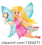 Poster, Art Print Of Happy Blond Caucasian Female Fairy Flying With A Flower