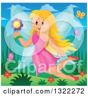 Poster, Art Print Of Happy Blond Caucasian Female Fairy Flying With A Flower And Butterflies