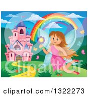 Poster, Art Print Of Pink Fantasy Castle Fairy And Rainbow In A Spring Landscape