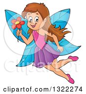 Poster, Art Print Of Happy Brunette Caucasian Female Fairy Flying With A Flower