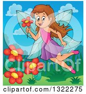 Poster, Art Print Of Happy Brunette Caucasian Female Fairy Flying With A Flower Over A Garden