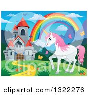 Poster, Art Print Of Fairy Tale Castle Unicorn And Rainbow In A Spring Landscape