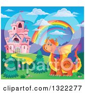 Poster, Art Print Of Pink Fairy Tale Castle Dragon And Rainbow In A Spring Landscape