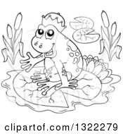 Lineart Clipart Of A Black And White Fantasy Frog Prince Sitting On A Lily Pad Royalty Free Outline Vector Illustration by visekart