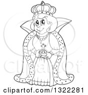 Lineart Clipart Of A Black And White Happy Queen In A Robe Royalty Free Outline Vector Illustration by visekart