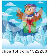 Cartoon Festive Christmas Owl Flying With A Gift Over Snowy Mountains And Forest On A Winter Day