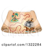 Vintage Treasure Map With A Pirate Ship And Parrot On A Treasure Island