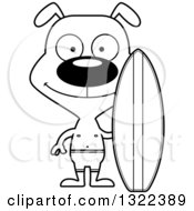 Lineart Clipart Of A Cartoon Black And White Happy Dog Surfer Royalty Free Outline Vector Illustration