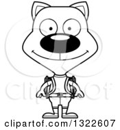 Lineart Clipart Of A Cartoon Black And White Happy Cat Hiker Royalty Free Outline Vector Illustration