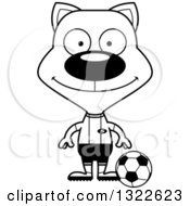 Lineart Clipart Of A Cartoon Black And White Happy Cat Soccer Player Royalty Free Outline Vector Illustration