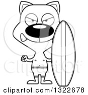 Lineart Clipart Of A Cartoon Black And White Mad Surfer Cat Royalty Free Outline Vector Illustration