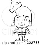 Lineart Clipart Of A Cartoon Black And White Happy Christmas Elf Girl Royalty Free Outline Vector Illustration