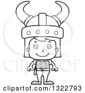 Lineart Clipart Of A Cartoon Black And White Happy Girl Viking Royalty Free Outline Vector Illustration by Cory Thoman