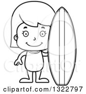 Lineart Clipart Of A Cartoon Black And White Happy Surfer Girl Royalty Free Outline Vector Illustration