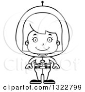 Lineart Clipart Of A Cartoon Black And White Happy Futuristic Space Girl Royalty Free Outline Vector Illustration