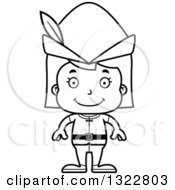 Lineart Clipart Of A Cartoon Black And White Happy Robin Hood Girl Royalty Free Outline Vector Illustration