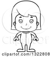 Lineart Clipart Of A Cartoon Black And White Happy Girl In Pajamas Royalty Free Outline Vector Illustration