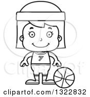 Lineart Clipart Of A Cartoon Black And White Happy Girl Basketball Player Royalty Free Outline Vector Illustration
