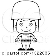 Lineart Clipart Of A Cartoon Black And White Happy Girl Soldier Royalty Free Outline Vector Illustration