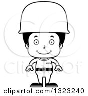 Lineart Clipart Of A Cartoon Happy Black Boy Army Soldier Royalty Free Outline Vector Illustration