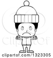 Lineart Clipart Of A Cartoon Mad Black Boy In Winter Clothes Royalty Free Outline Vector Illustration