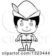 Lineart Clipart Of A Cartoon Black And White Happy Hispanic Boy Robin Hood Royalty Free Outline Vector Illustration