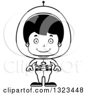 Lineart Clipart Of A Cartoon Black And White Happy Hispanic Futuristic Space Boy Royalty Free Outline Vector Illustration