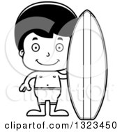Lineart Clipart Of A Cartoon Black And White Happy Hispanic Surfer Boy Royalty Free Outline Vector Illustration