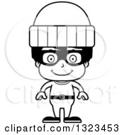 Lineart Clipart Of A Cartoon Black And White Happy Hispanic Robber Boy Royalty Free Outline Vector Illustration