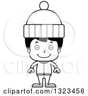 Lineart Clipart Of A Cartoon Black And White Happy Hispanic Boy In Winter Clothes Royalty Free Outline Vector Illustration