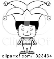 Lineart Clipart Of A Cartoon Black And White Happy Hispanic Boy Jester Royalty Free Outline Vector Illustration
