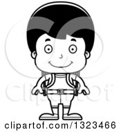 Lineart Clipart Of A Cartoon Black And White Happy Hispanic Boy Hiker Royalty Free Outline Vector Illustration