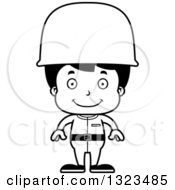 Lineart Clipart Of A Cartoon Black And White Happy Hispanic Boy Soldier Royalty Free Outline Vector Illustration