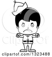 Lineart Clipart Of A Cartoon Black And White Mad Hispanic Christmas Elf Boy Royalty Free Outline Vector Illustration