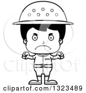 Lineart Clipart Of A Cartoon Black And White Mad Hispanic Boy Zookeeper Royalty Free Outline Vector Illustration