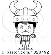 Lineart Clipart Of A Cartoon Black And White Mad Hispanic Viking Boy Royalty Free Outline Vector Illustration
