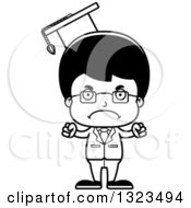 Lineart Clipart Of A Cartoon Black And White Mad Hispanic Boy Professor Royalty Free Outline Vector Illustration