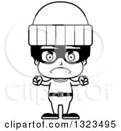 Lineart Clipart Of A Cartoon Black And White Mad Hispanic Robber Boy Royalty Free Outline Vector Illustration