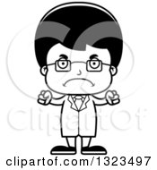 Lineart Clipart Of A Cartoon Black And White Mad Hispanic Boy Scientist Royalty Free Outline Vector Illustration