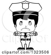 Lineart Clipart Of A Cartoon Black And White Mad Hispanic Boy Police Officer Royalty Free Outline Vector Illustration