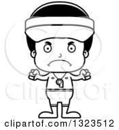 Lineart Clipart Of A Cartoon Black And White Mad Hispanic Boy Lifeguard Royalty Free Outline Vector Illustration