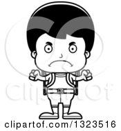 Lineart Clipart Of A Cartoon Black And White Mad Hispanic Boy Hiker Royalty Free Outline Vector Illustration