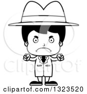 Lineart Clipart Of A Cartoon Black And White Mad Hispanic Boy Detective Royalty Free Outline Vector Illustration