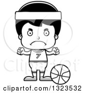 Lineart Clipart Of A Cartoon Black And White Mad Hispanic Boy Basketball Player Royalty Free Outline Vector Illustration