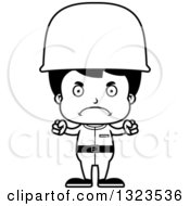 Lineart Clipart Of A Cartoon Black And White Mad Hispanic Boy Soldier Royalty Free Outline Vector Illustration
