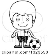 Lineart Clipart Of A Cartoon Black And White Happy Boy Soccer Player Royalty Free Outline Vector Illustration