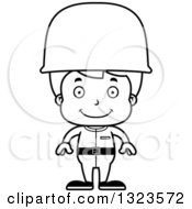 Lineart Clipart Of A Cartoon Black And White Happy Boy Soldier Royalty Free Outline Vector Illustration