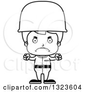 Lineart Clipart Of A Cartoon Black And White Mad Boy Soldier Royalty Free Outline Vector Illustration
