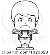 Lineart Clipart Of A Cartoon Black And White Mad Boy Hiker Royalty Free Outline Vector Illustration