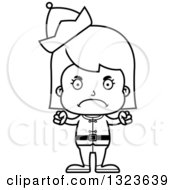 Outline Clipart Of A Cartoon Black And White Mad Christmas Elf Girl Royalty Free Lineart Vector Illustration